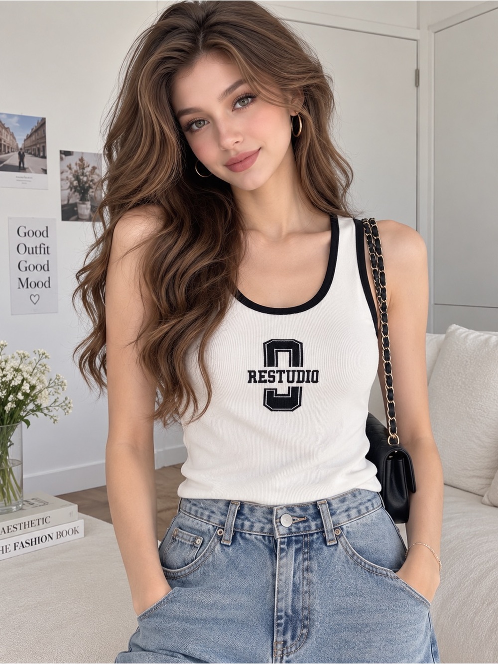 RESTUDIO White Contrast Trim Ribbed Tank Top
